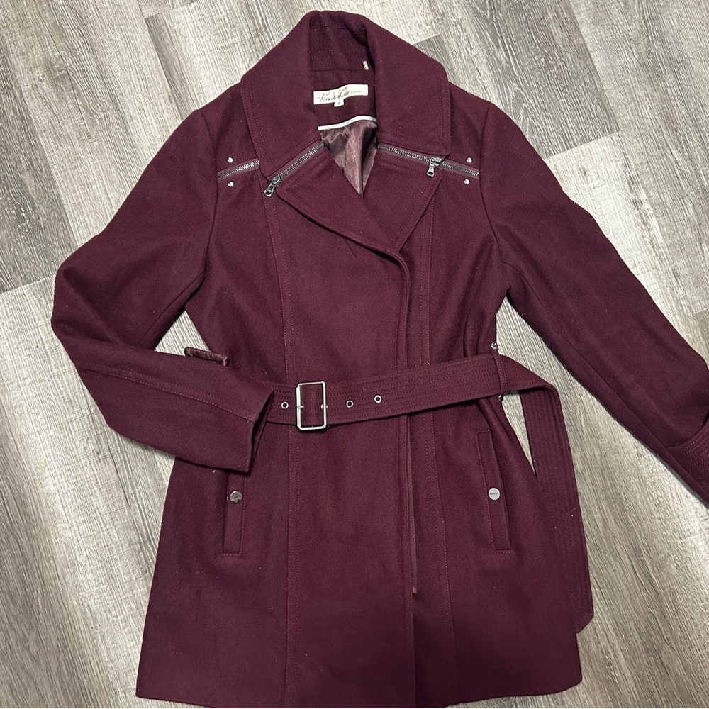 Kenneth Cole plum pea coat with hidden zipper and belt Size 6